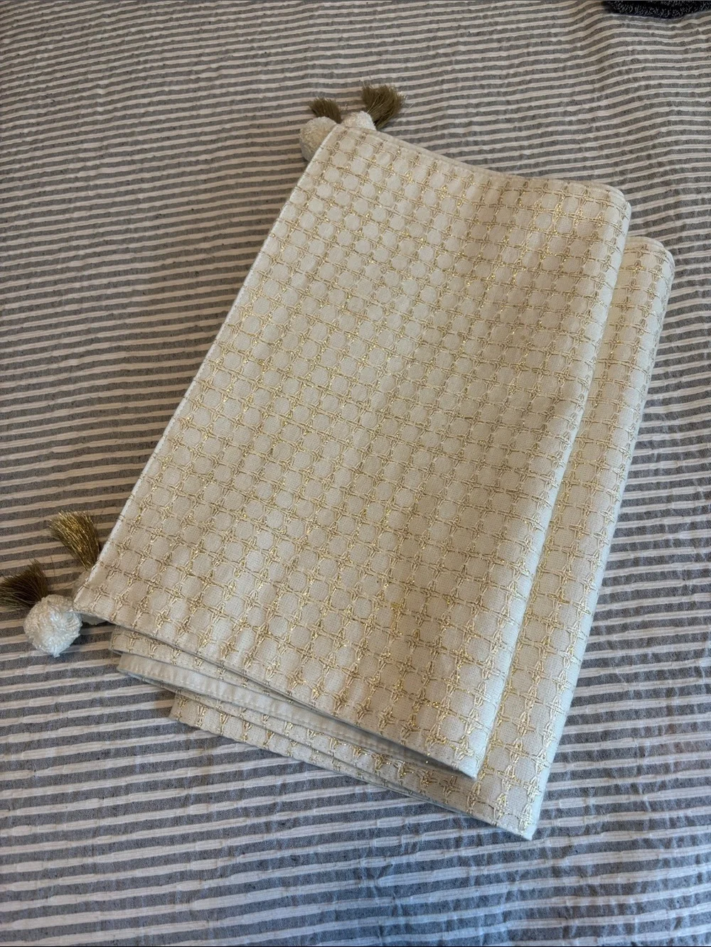 Cream Embroidered Table Runner with Tassels
